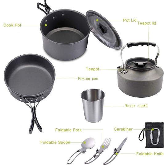 Cookware - 9-piece - for camping, outdoor, hiking, picnic, BBQ, foldable camping pans