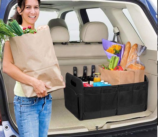 Blue and Black Heavy Duty Collapsible Car Boot Organiser - Large 65L Waterproof Trunk Storage Box with Compartments for SUV & Car