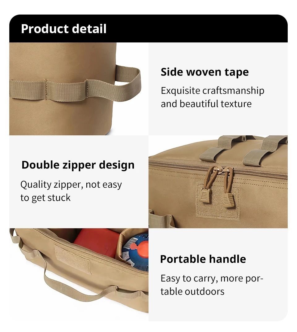 Khaki Camping Gear Storage Bag (34 x 17 x 19 cm) Portable Outdoor Organiser with Removable Dividers, Mesh Pocket and Carry Handles for Cookware and Picnic Gear