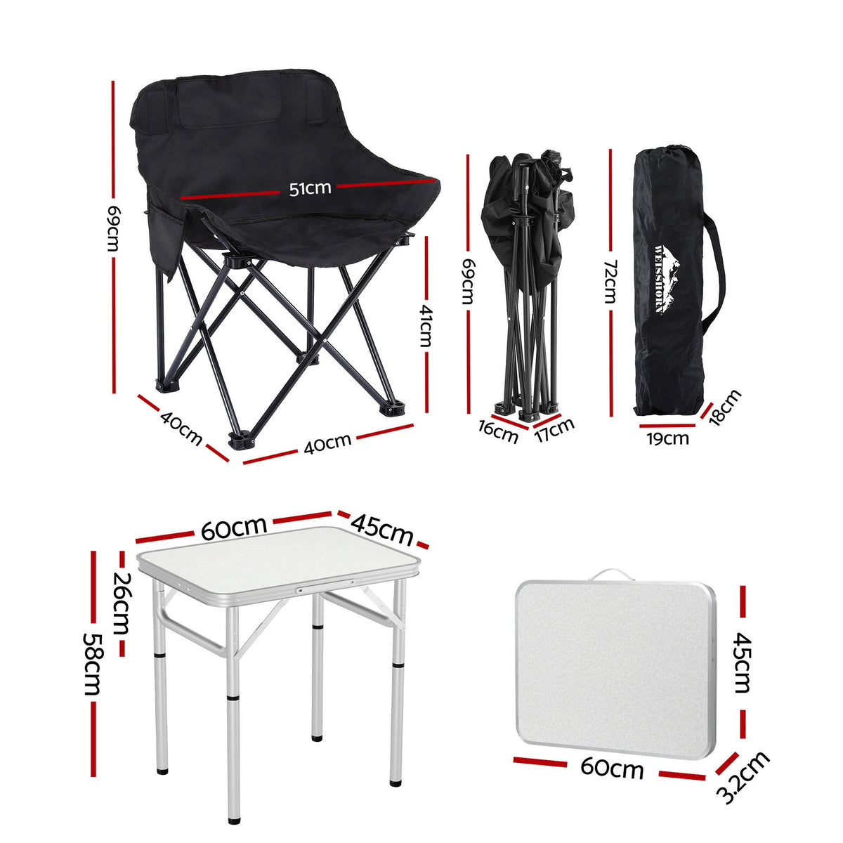 Weisshorn 3pc Camping Table Chair Set Outdoor Folding Aluminium Portable Picnic