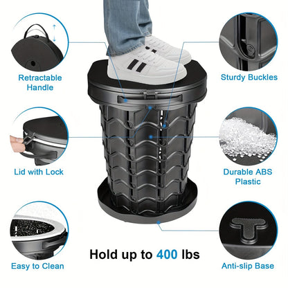 Gray Black collapsible camping toilet, portable outdoor toilet, camping furniture Australia, lightweight camping gear, compact toilet for travel, camping sanitation solution