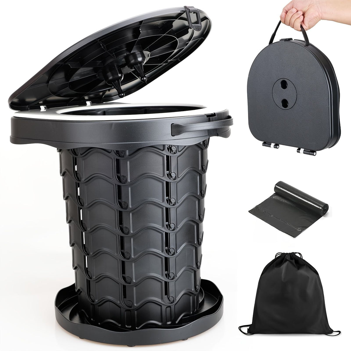 Gray Black collapsible camping toilet, portable outdoor toilet, camping furniture Australia, lightweight camping gear, compact toilet for travel, camping sanitation solution