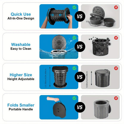 Gray Black collapsible camping toilet, portable outdoor toilet, camping furniture Australia, lightweight camping gear, compact toilet for travel, camping sanitation solution
