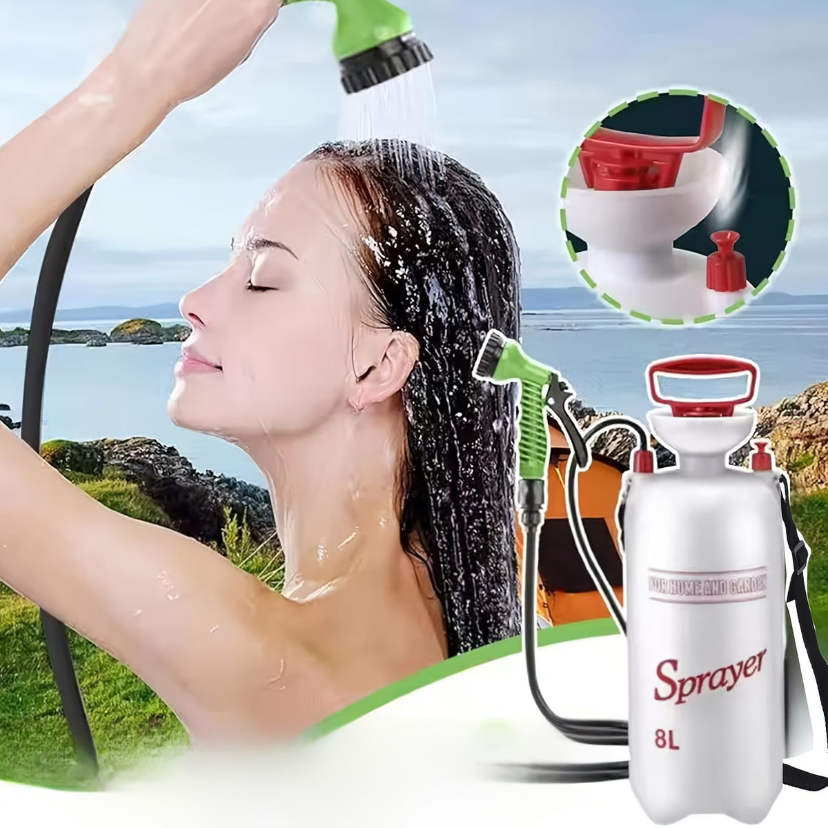 White Silver Gold portable camping shower, outdoor shower sprayer