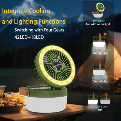 Camping Light with Fan, Portable Hanging Lamp for Tent, IPX4 Waterproof, 4 Mode Light Camping Lantern and 3 -Speed Quiet Fan,USB & Auxiliary Solar Charging，for Camping/College Dorm (Army Green)