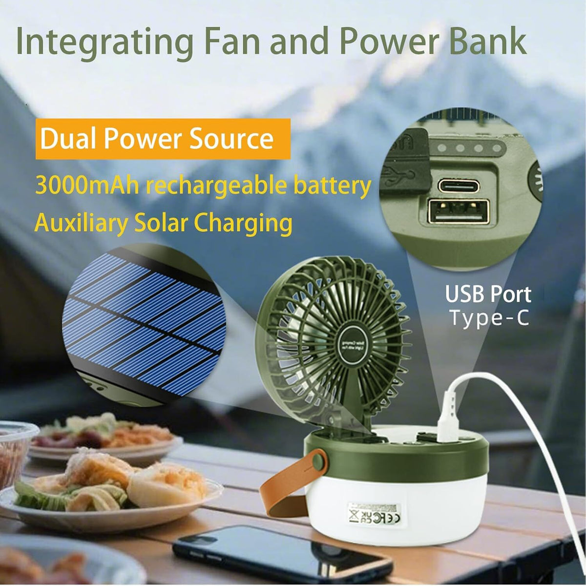 Camping Light with Fan, Portable Hanging Lamp for Tent, IPX4 Waterproof, 4 Mode Light Camping Lantern and 3 -Speed Quiet Fan,USB & Auxiliary Solar Charging，for Camping/College Dorm (Army Green)
