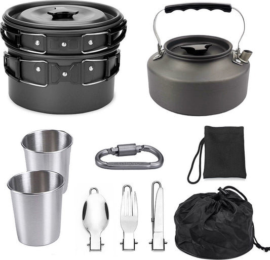 Cookware - 9-piece - for camping, outdoor, hiking, picnic, BBQ, foldable camping pans