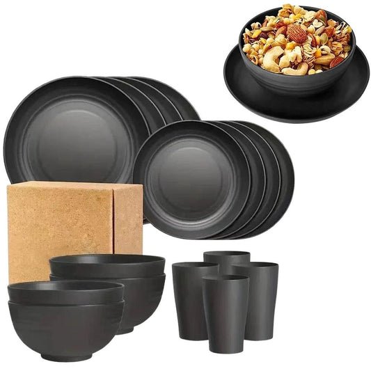 Plates and Bowls Sets, 16Pcs Dishes Set, Camping Dishes, Plastic Plates Reusable, Dishware, Outdoor plates, Lightweight Kitchen Accessories, Microwavable Dishwasher Safe for Kitchen, Camping, Black
