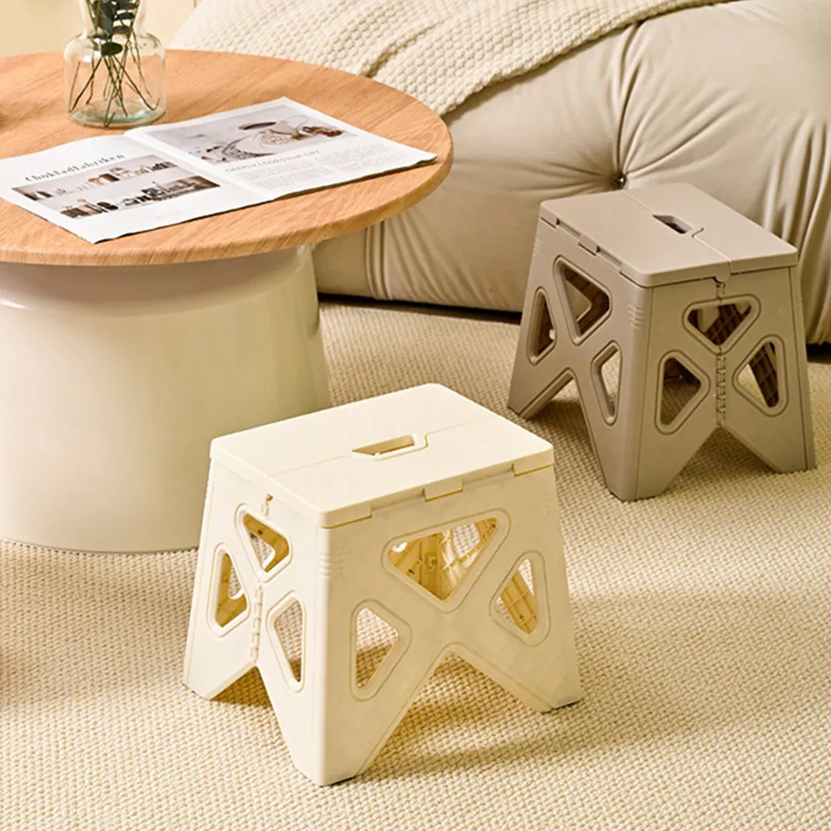Portable Folding Plastic Stool Lightweight Step Chair for Outdoor Camping or Kitchen - White