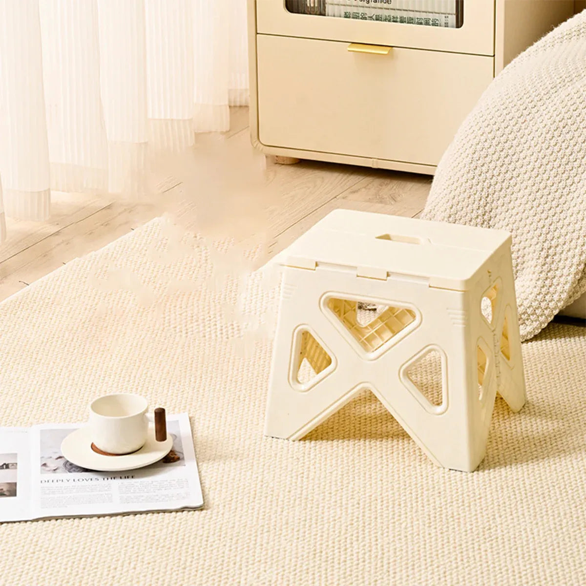 Portable Folding Plastic Stool Lightweight Step Chair for Outdoor Camping or Kitchen - White