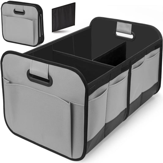 Grey and Black Heavy Duty Collapsible Car Boot Organiser - Large 65L Waterproof Trunk Storage Box with Compartments for SUV & Car