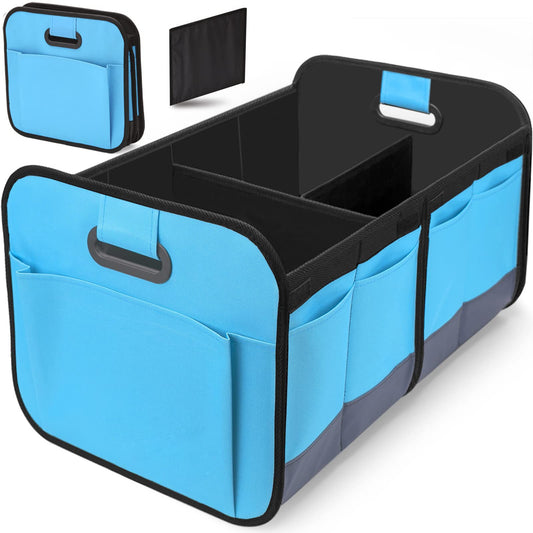 Blue and Black Heavy Duty Collapsible Car Boot Organiser - Large 65L Waterproof Trunk Storage Box with Compartments for SUV & Car