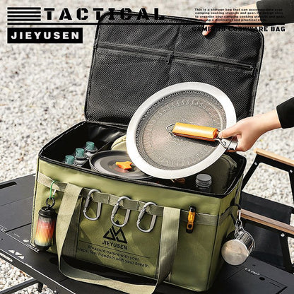 30L Collapsible Outdoor Tactical Organizer, Oxford Fabric Large Capacity Camping Gear Storage Bin with Waterproof PVC Base & Hanging Webbing for Picnic, Hiking, Camping & Kitchen Utensils, Green 38 x 26 x 30cm