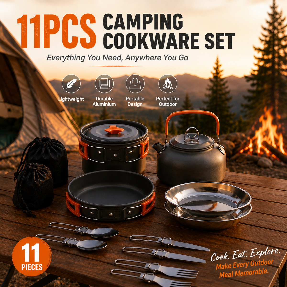 11PCS Orange Camping Cookware Set – Lightweight Aluminium Camping Pots