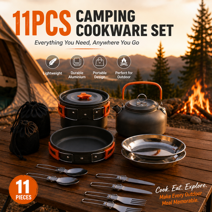 11PCS Orange Camping Cookware Set – Lightweight Aluminium Camping Pots