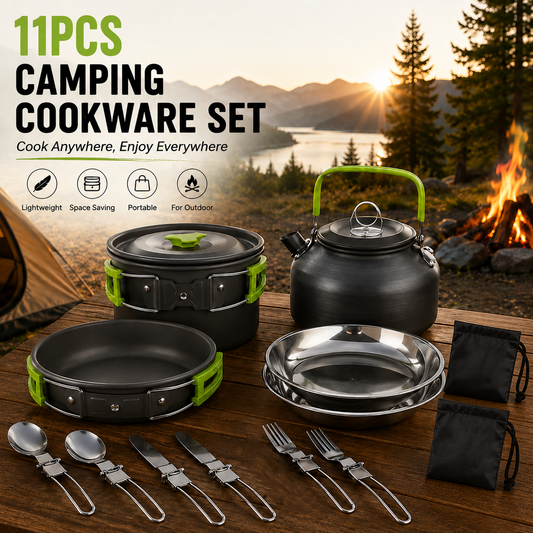 11PCS Green Camping Cookware Set – Lightweight Aluminium Camping Pots,