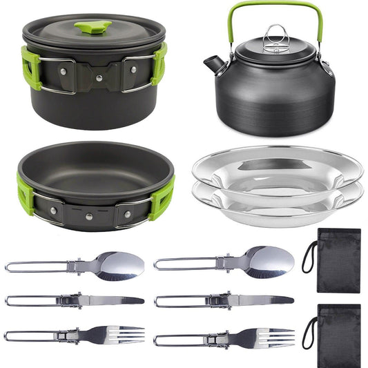 11PCS Green Camping Cookware Set – Lightweight Aluminium Camping Pots,