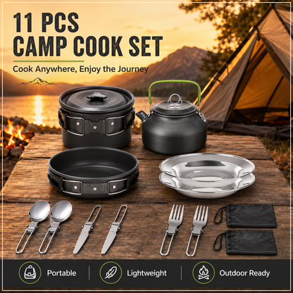 11PCS Black Camping Cookware Set – Lightweight Aluminium Camping Pots,