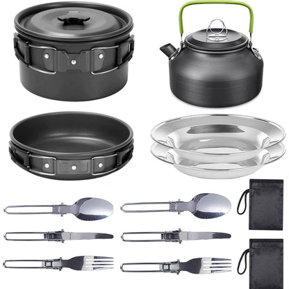 11PCS Black Camping Cookware Set – Lightweight Aluminium Camping Pots,