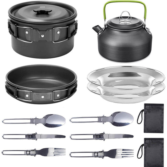 11PCS Black Camping Cookware Set – Lightweight Aluminium Camping Pots,
