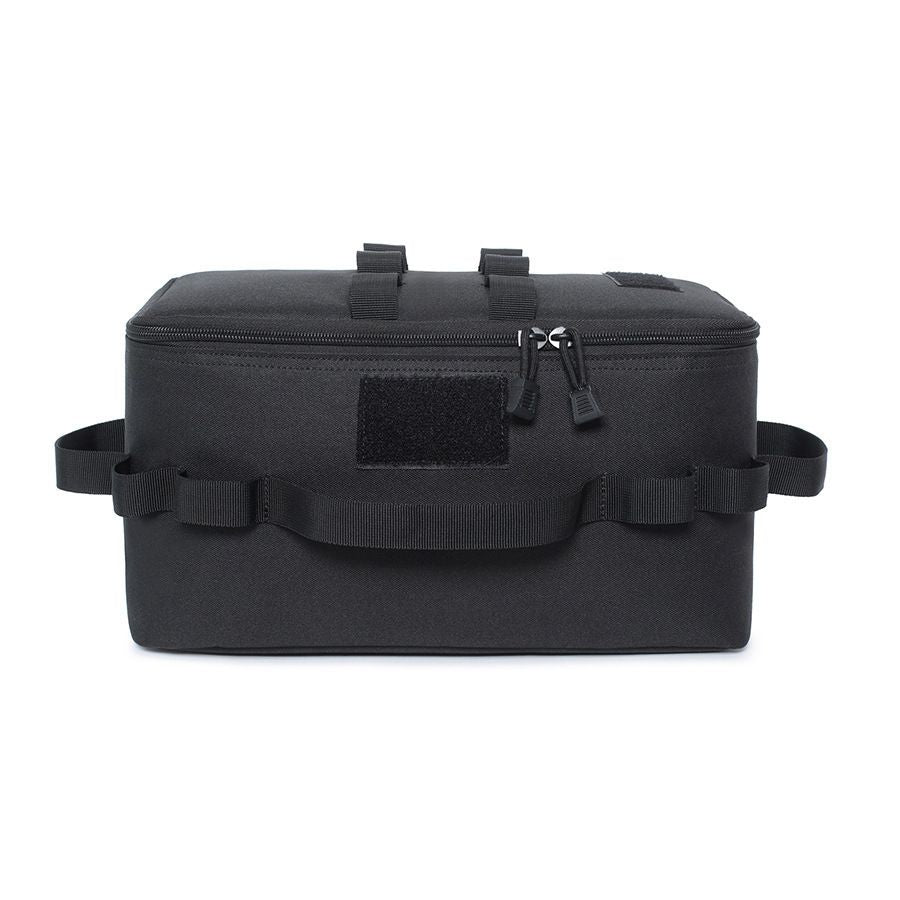Black Camping Gear Storage Bag (34 x 17 x 19 cm) Portable Outdoor Organiser with Removable Dividers, Mesh Pocket and Carry Handles for Cookware and Picnic Gear