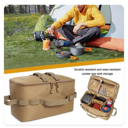 Black Camping Gear Storage Bag (34 x 17 x 19 cm) Portable Outdoor Organiser with Removable Dividers, Mesh Pocket and Carry Handles for Cookware and Picnic Gear