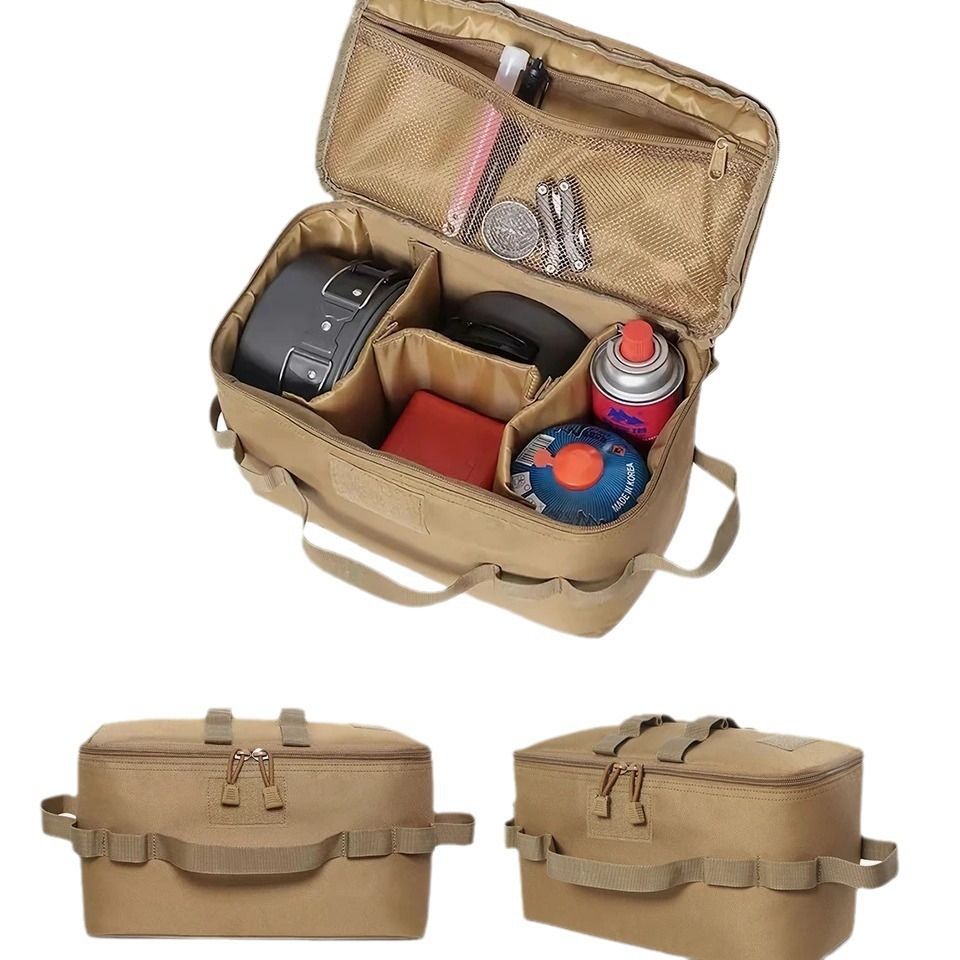 Khaki Camping Gear Storage Bag (34 x 17 x 19 cm) Portable Outdoor Organiser with Removable Dividers, Mesh Pocket and Carry Handles for Cookware and Picnic Gear