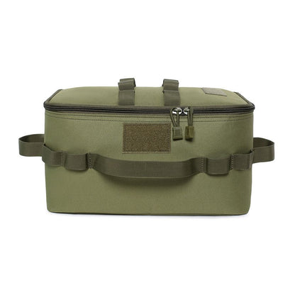 Army green Camping Gear Storage Bag (34 x 17 x 19 cm) Portable Outdoor Organiser with Removable Dividers, Mesh Pocket and Carry Handles for Cookware and Picnic Gear