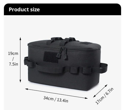 Army green Camping Gear Storage Bag (34 x 17 x 19 cm) Portable Outdoor Organiser with Removable Dividers, Mesh Pocket and Carry Handles for Cookware and Picnic Gear