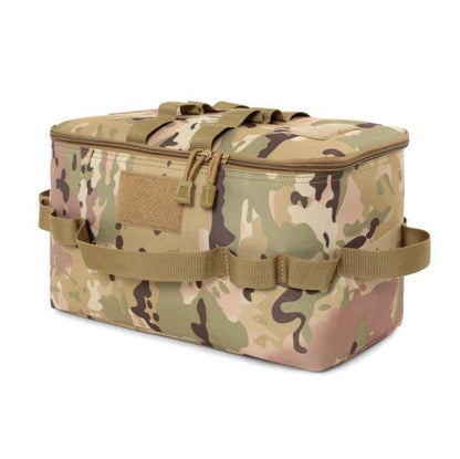 Camouflage Camping Gear Storage Bag (34 x 17 x 19 cm) Portable Outdoor Organiser with Removable Dividers, Mesh Pocket and Carry Handles for Cookware and Picnic Gear
