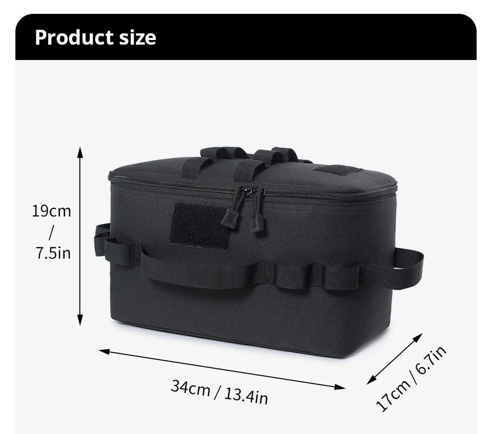 Camouflage Camping Gear Storage Bag (34 x 17 x 19 cm) Portable Outdoor Organiser with Removable Dividers, Mesh Pocket and Carry Handles for Cookware and Picnic Gear